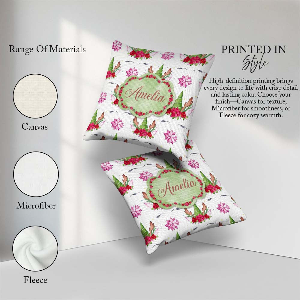 Custom Name Unicorn Christmas Poinsettia Floral Fantasy Seamless Square Filled Cushion Throw Pillow Sofa Bed Home Decor Zip Washable UK Made