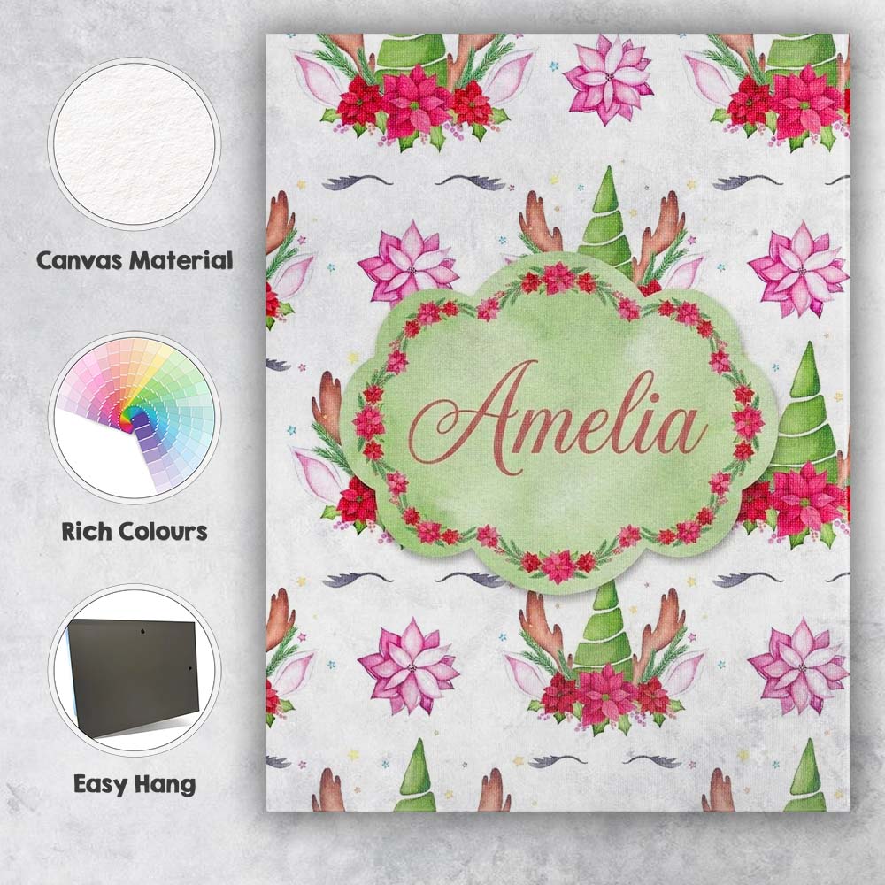 Personalised Name Cute Unicorn Christmas Custom  Unique Gift Idea Elegant Feature Canvas Wall Art Print Decor Picture Ready to Hang