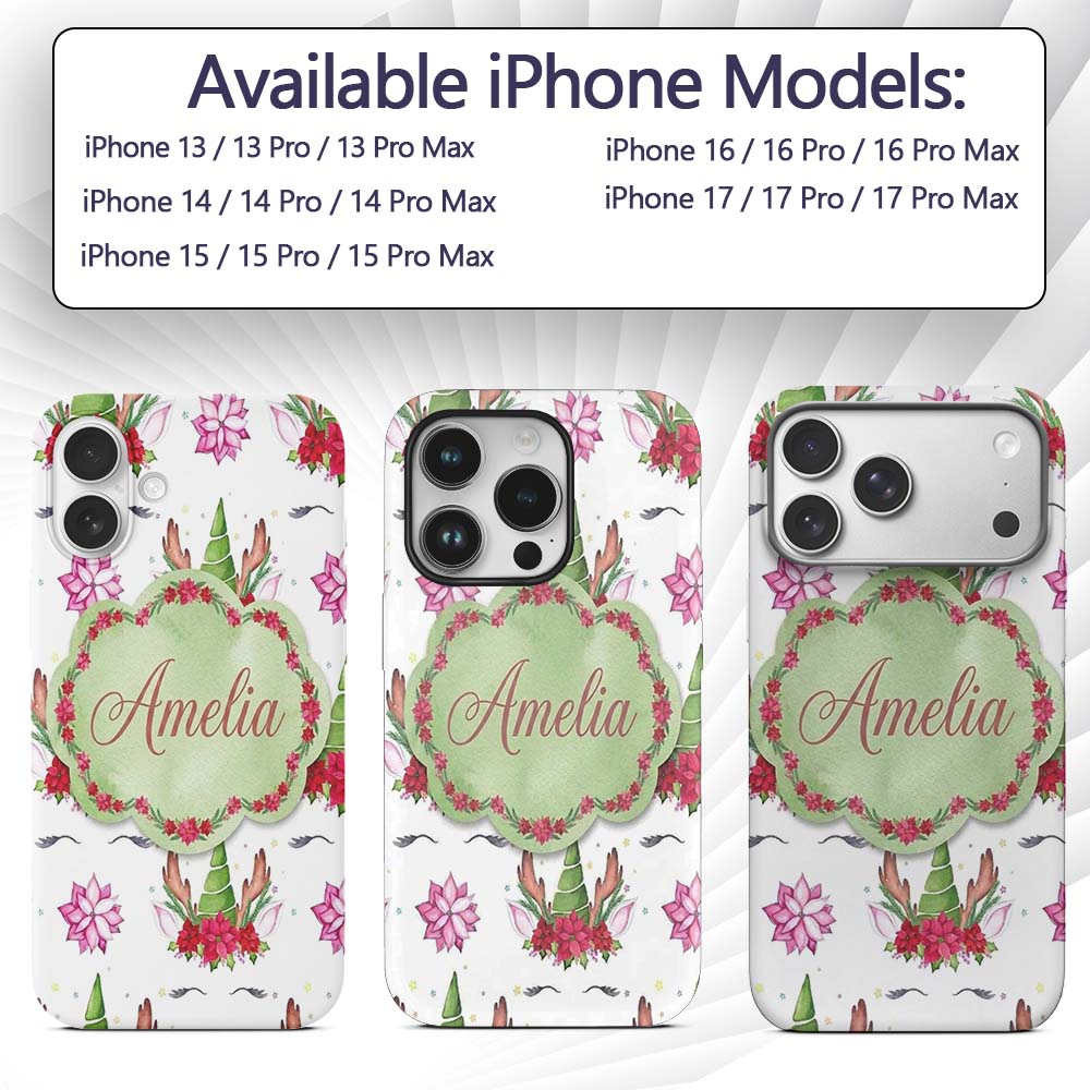 Cute Unicorn Christmas Poinsettia Floral Fantasy Custom Name Protective Phone Case Mobile Cover Durable Everyday Smartphone Shock Resistant