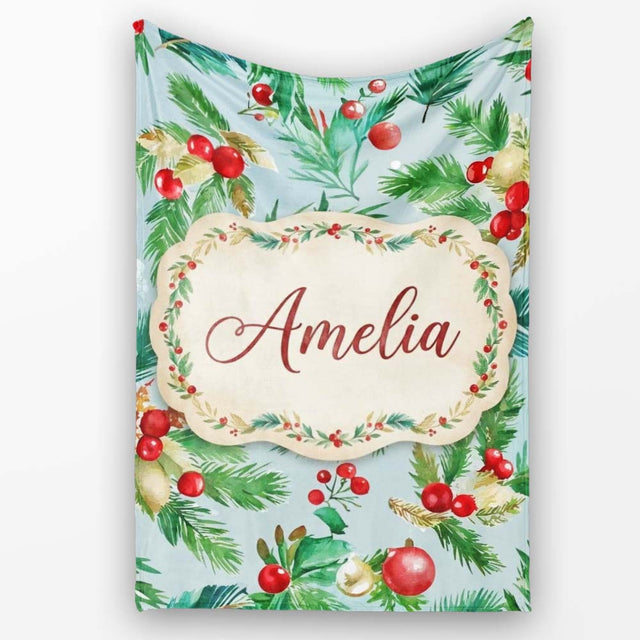 Watercolor Christmas Wreath Holly Berry Pine Branch Seamless Pattern  Personalised Custom Name Super Soft Fleece Blanket Bed Sofa Throw