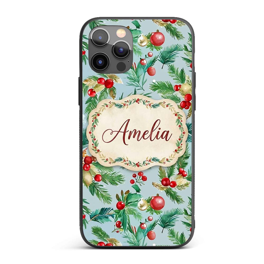 Watercolor Christmas Wreath Holly Berry Pine Custom Name Protective Phone Case Mobile Cover Durable Everyday Smartphone Shock Resistant