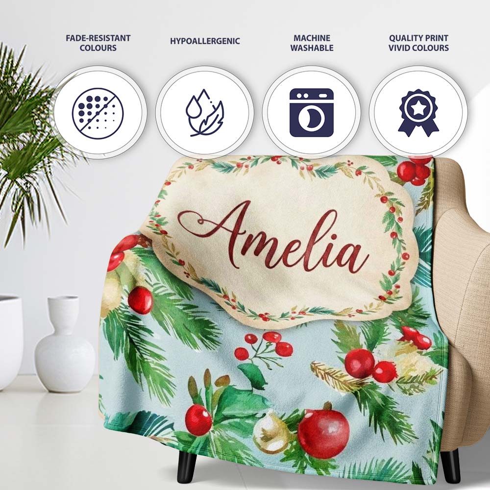 Watercolor Christmas Wreath Holly Berry Pine Branch Seamless Pattern  Personalised Custom Name Super Soft Fleece Blanket Bed Sofa Throw