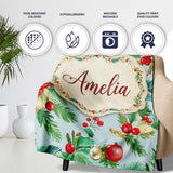Watercolor Christmas Wreath Holly Berry Pine Branch Seamless Pattern  Personalised Custom Name Super Soft Fleece Blanket Bed Sofa Throw