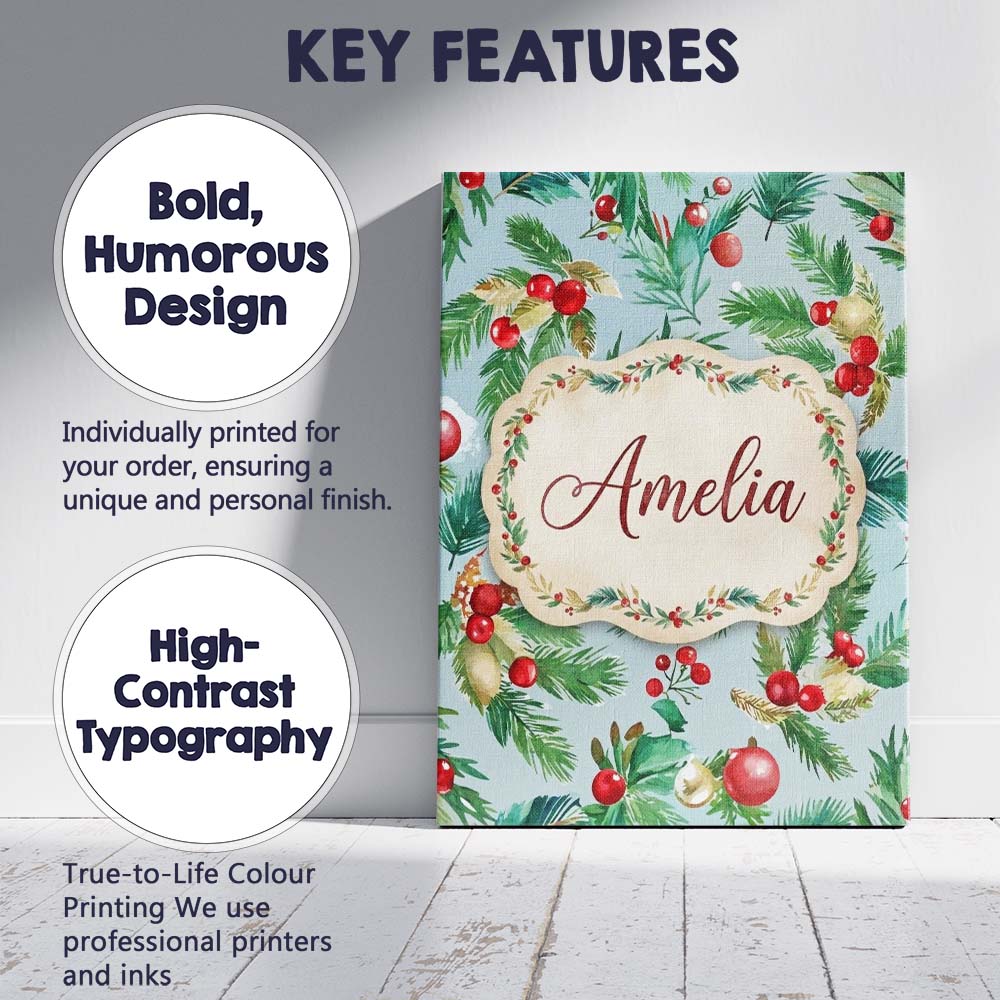 Personalised Name Watercolor Christmas Custom  Modern Room Accent Elegant Feature Canvas Wall Art Print Decor Picture Ready to Hang