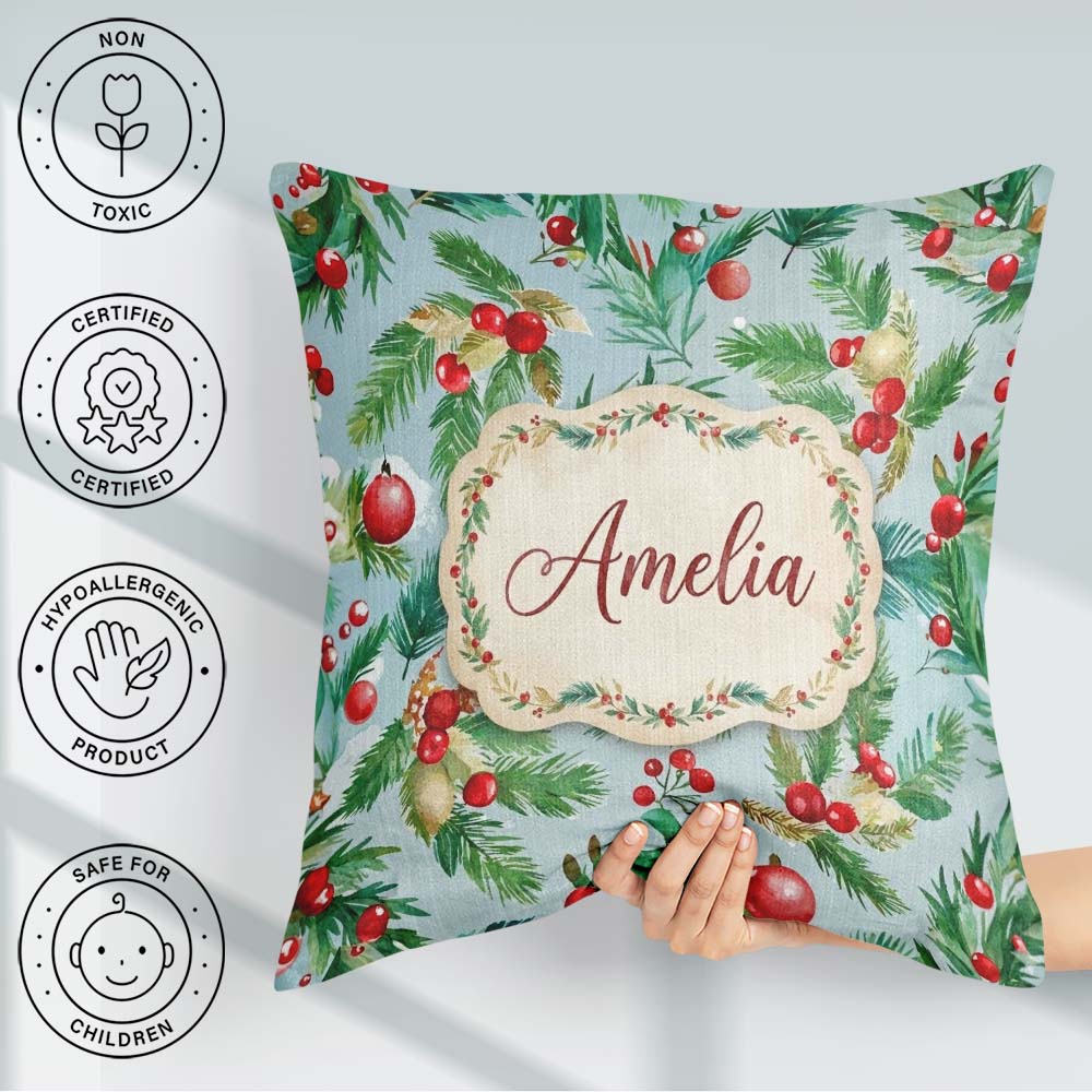 Custom Name Watercolor Christmas Wreath Holly Berry Pine Pattern Square Filled Cushion Throw Pillow Sofa Bed Home Decor Zip Washable UK Made