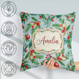 Custom Name Watercolor Christmas Wreath Holly Berry Pine Pattern Square Filled Cushion Throw Pillow Sofa Bed Home Decor Zip Washable UK Made