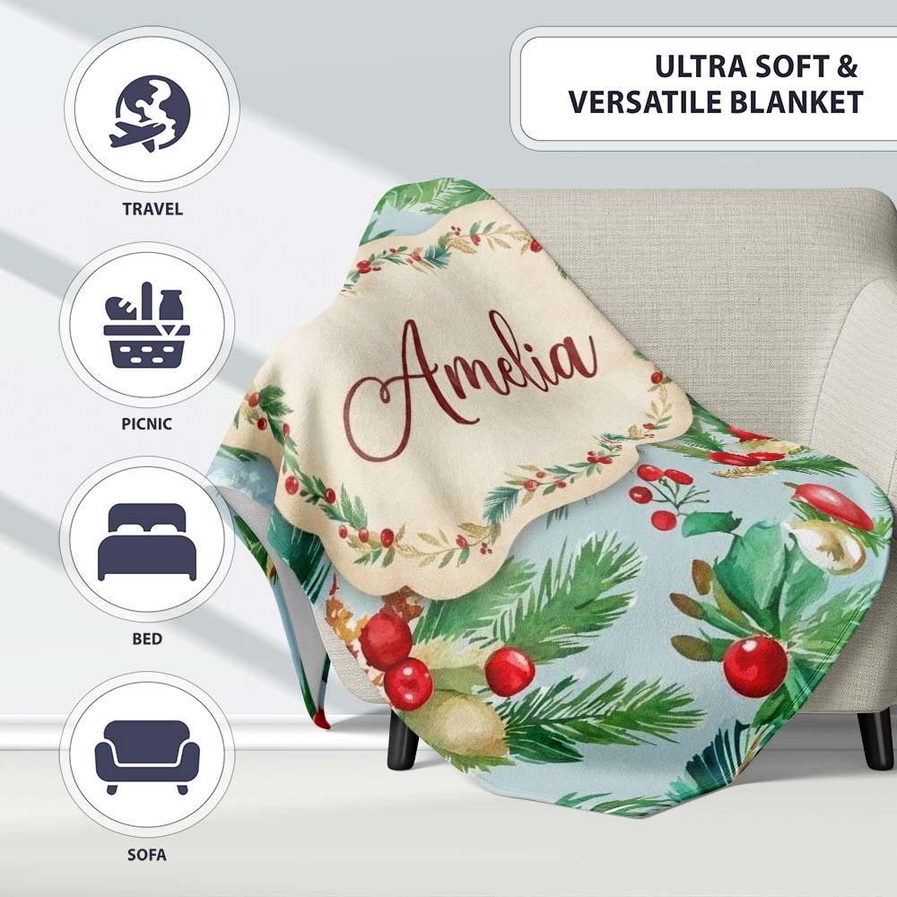 Watercolor Christmas Wreath Holly Berry Pine Branch Seamless Pattern  Personalised Custom Name Super Soft Fleece Blanket Bed Sofa Throw
