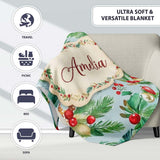 Watercolor Christmas Wreath Holly Berry Pine Branch Seamless Pattern  Personalised Custom Name Super Soft Fleece Blanket Bed Sofa Throw