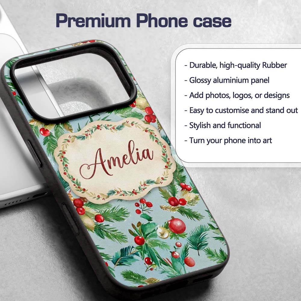 Watercolor Christmas Wreath Holly Berry Pine Custom Name Protective Phone Case Mobile Cover Durable Everyday Smartphone Shock Resistant