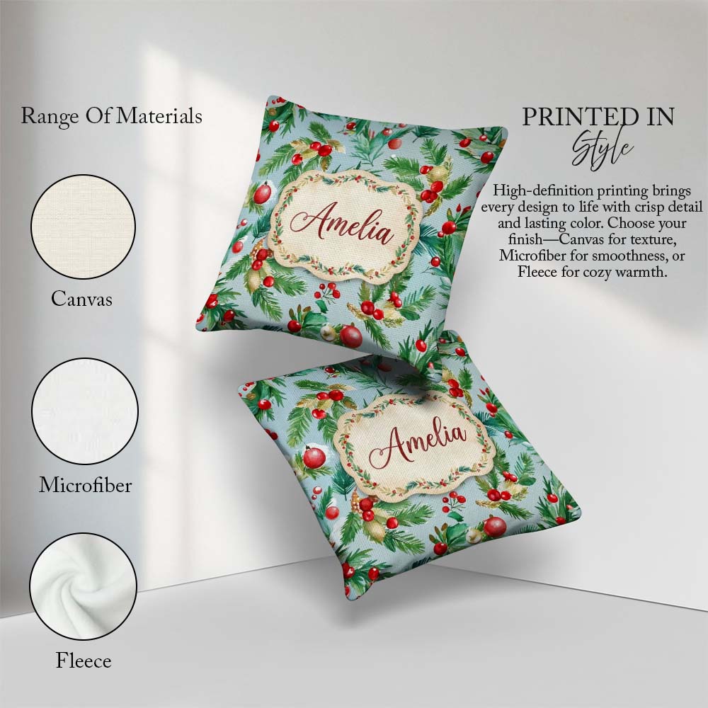 Custom Name Watercolor Christmas Wreath Holly Berry Pine Pattern Square Filled Cushion Throw Pillow Sofa Bed Home Decor Zip Washable UK Made