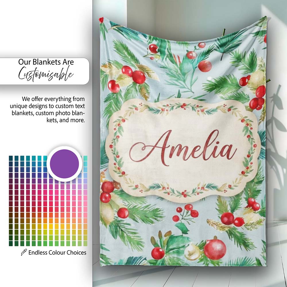 Watercolor Christmas Wreath Holly Berry Pine Branch Seamless Pattern  Personalised Custom Name Super Soft Fleece Blanket Bed Sofa Throw