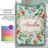 Watercolor Christmas Wreath Holly Berry Pine Branch Seamless Pattern  Personalised Custom Name Super Soft Fleece Blanket Bed Sofa Throw