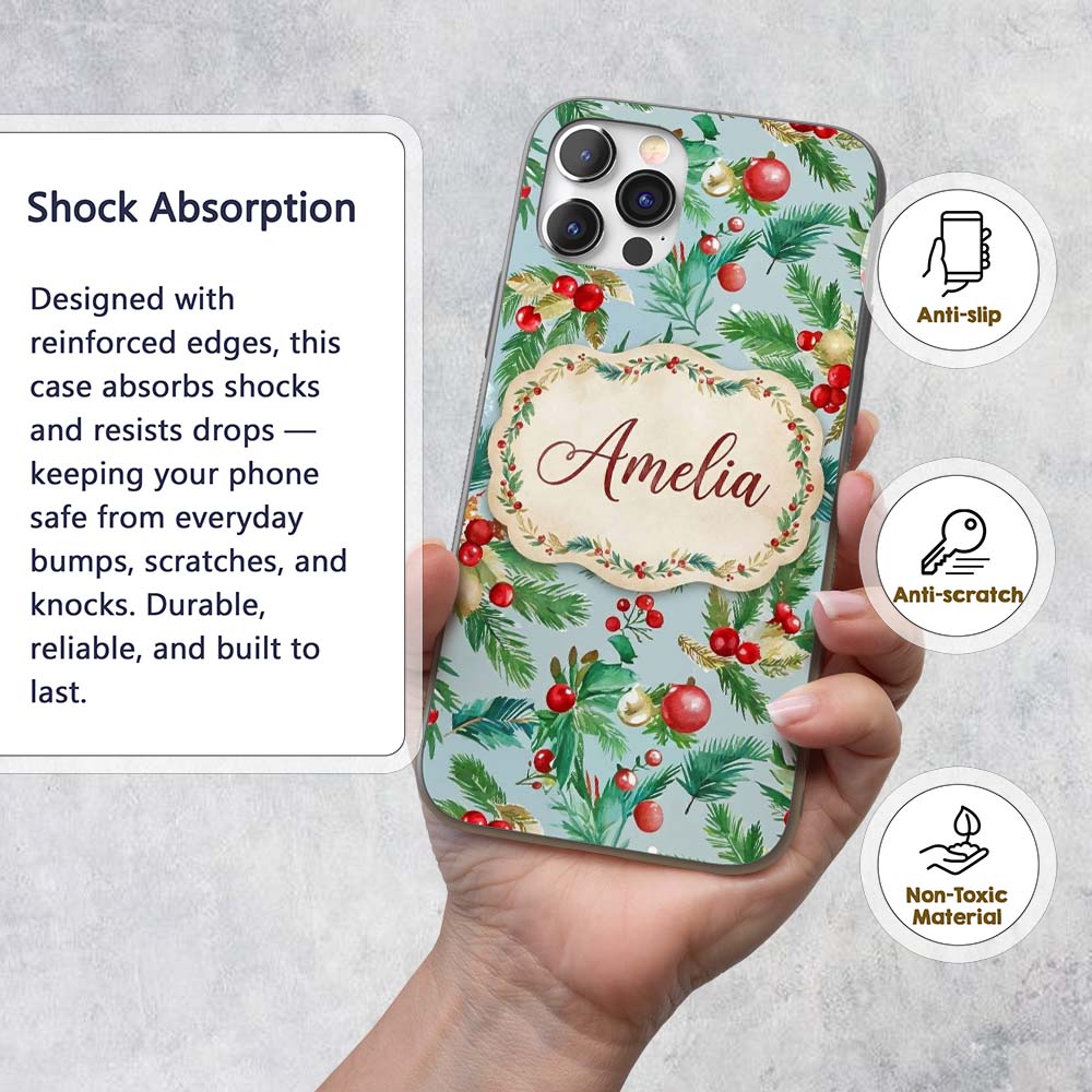 Watercolor Christmas Wreath Holly Berry Pine Custom Name Protective Phone Case Mobile Cover Durable Everyday Smartphone Shock Resistant