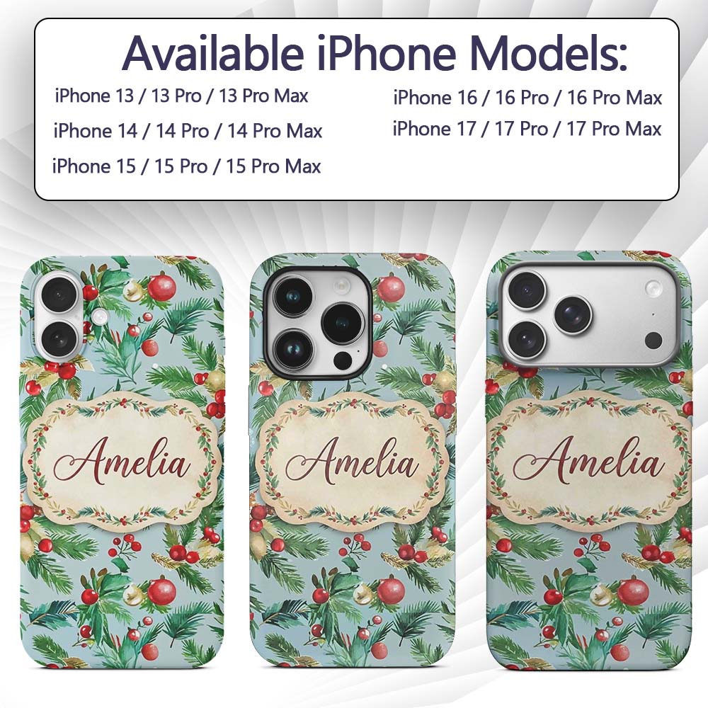 Watercolor Christmas Wreath Holly Berry Pine Custom Name Protective Phone Case Mobile Cover Durable Everyday Smartphone Shock Resistant