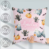 Custom Name Halloween Ghost Pumpkin Cat Pattern Pink Cute Spooky Square Filled Cushion Throw Pillow Sofa Bed Home Decor Zip Washable UK Made