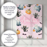 Personalised Name Halloween Ghost Pumpkin Cat Seamless Pattern Pink Custom Canvas Wall Art Print Decor Picture Ready to Hang