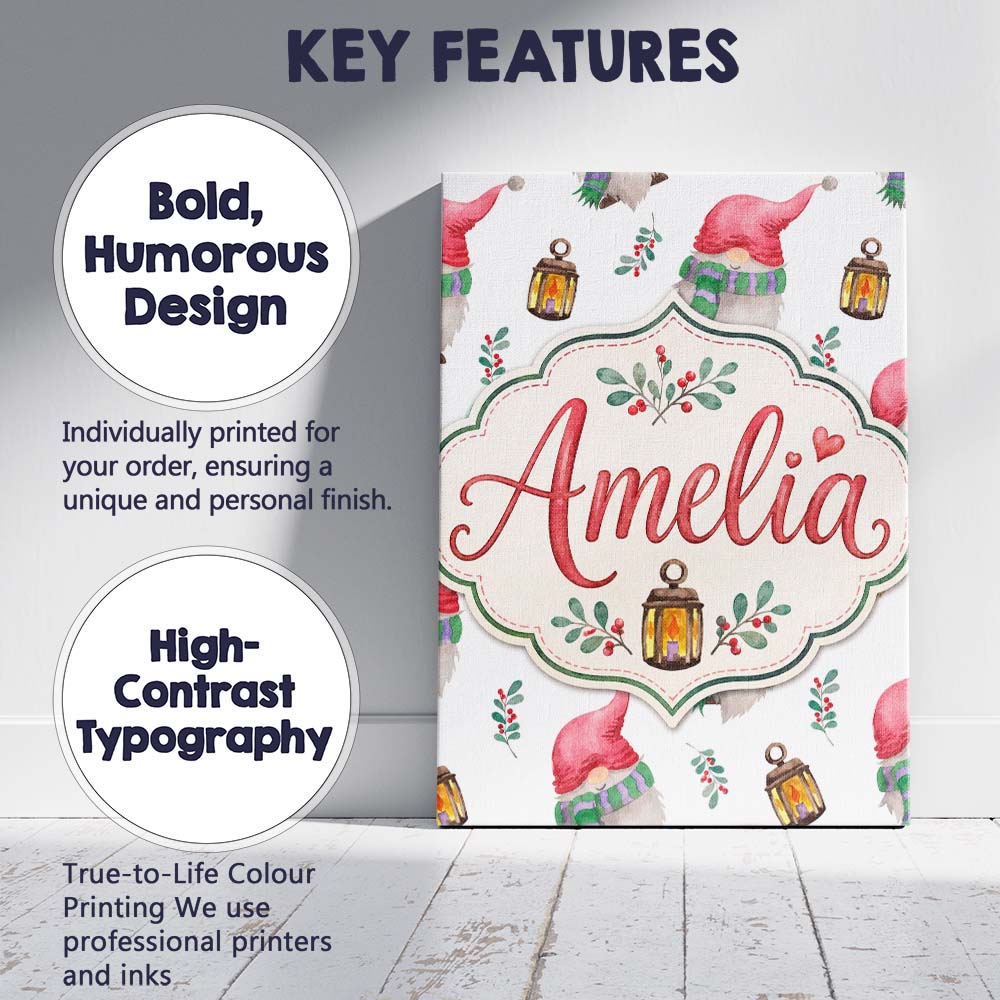 Personalised Name Cute Christmas Gnome Custom  Modern Room Accent Elegant Feature Canvas Wall Art Print Decor Picture Ready to Hang
