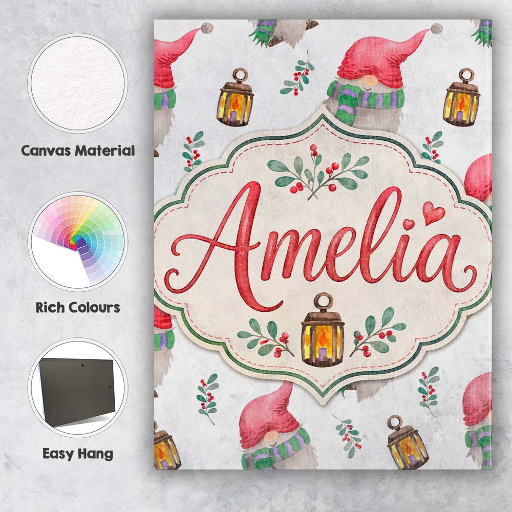 Personalised Name Cute Christmas Gnome Custom  Modern Room Accent Elegant Feature Canvas Wall Art Print Decor Picture Ready to Hang