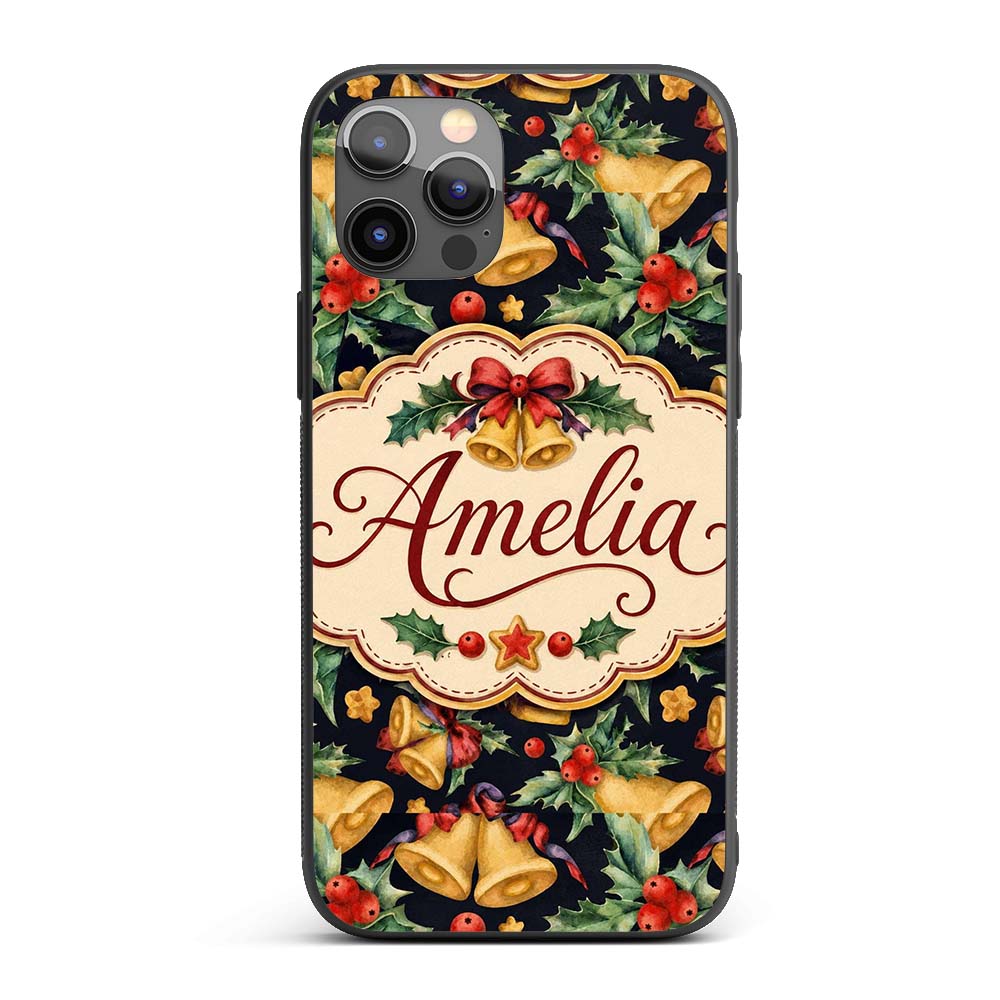 Watercolor Festive Bells Holly Gift Ribbon Dark Custom Name Protective Phone Case Mobile Cover Durable Everyday Smartphone Shock Resistant