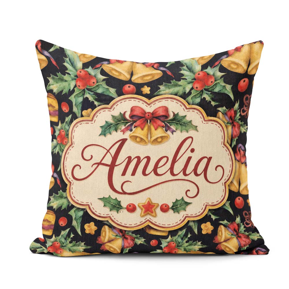 Custom Name Watercolor Festive Bells Holly Dark Seamless Pattern Square Filled Cushion Throw Pillow Sofa Bed Home Decor Zip Washable UK Made