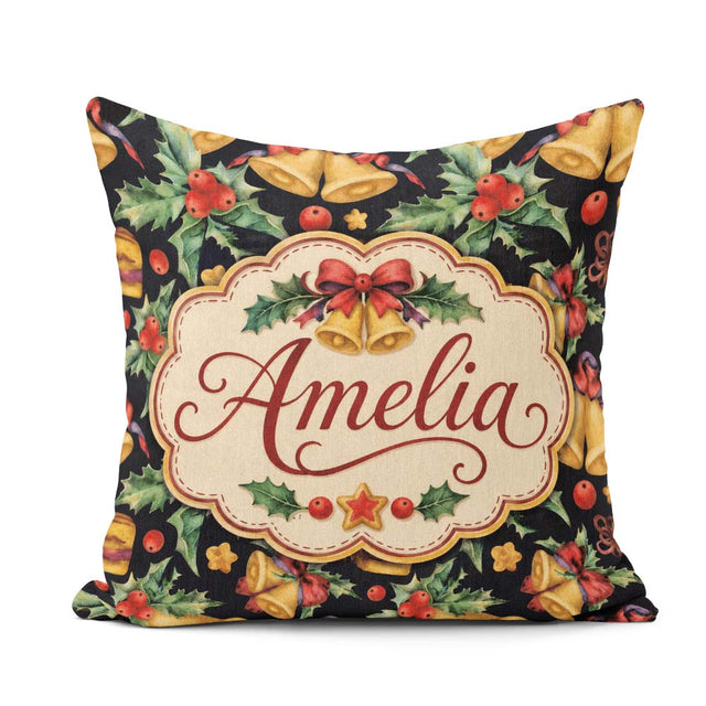 Custom Name Watercolor Festive Bells Holly Dark Seamless Pattern Square Filled Cushion Throw Pillow Sofa Bed Home Decor Zip Washable UK Made