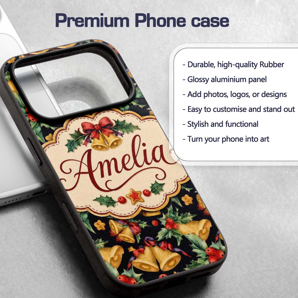 Watercolor Festive Bells Holly Gift Ribbon Dark Custom Name Protective Phone Case Mobile Cover Durable Everyday Smartphone Shock Resistant