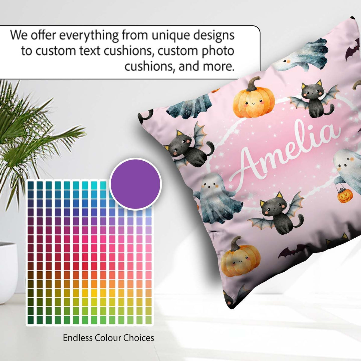 Custom Name Halloween Ghost Pumpkin Cat Pattern Pink Cute Spooky Square Filled Cushion Throw Pillow Sofa Bed Home Decor Zip Washable UK Made