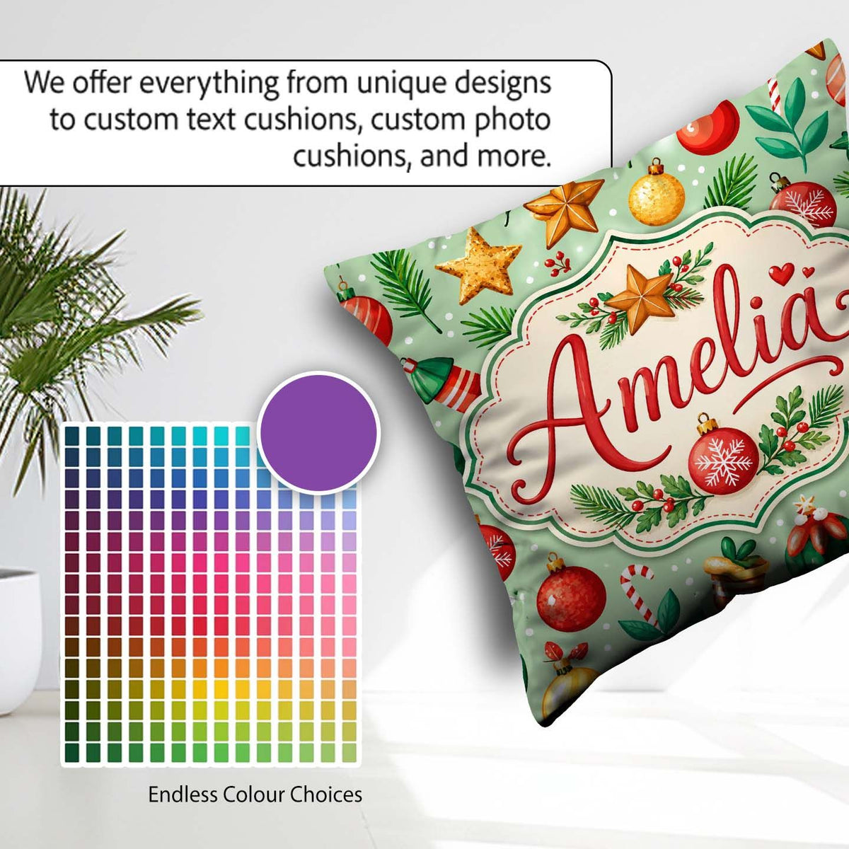 Custom Name Colorful Christmas Baubles Star Pine Candy Seamless Square Filled Cushion Throw Pillow Sofa Bed Home Decor Zip Washable UK Made