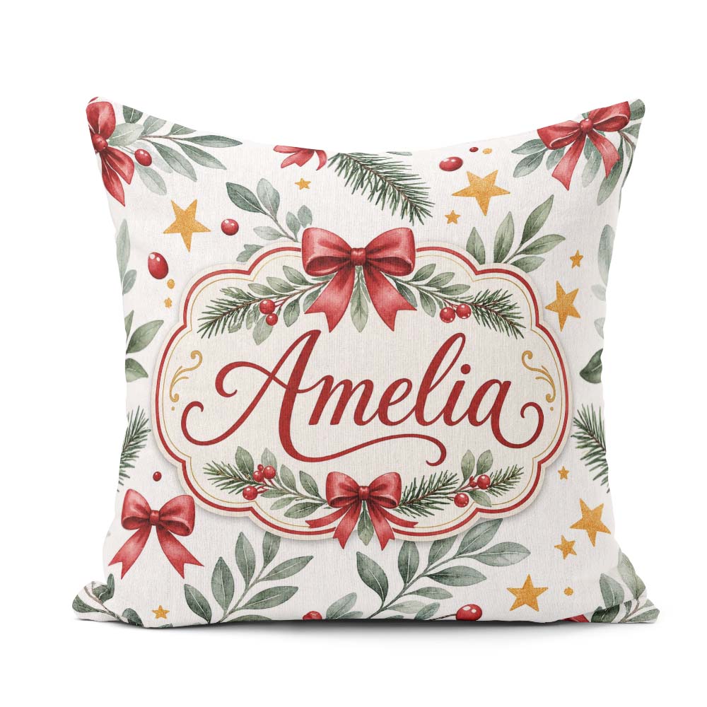 Custom Name Watercolor Red Gold Star Leaf Berry Holiday Seamless Square Filled Cushion Throw Pillow Sofa Bed Home Decor Zip Washable UK Made