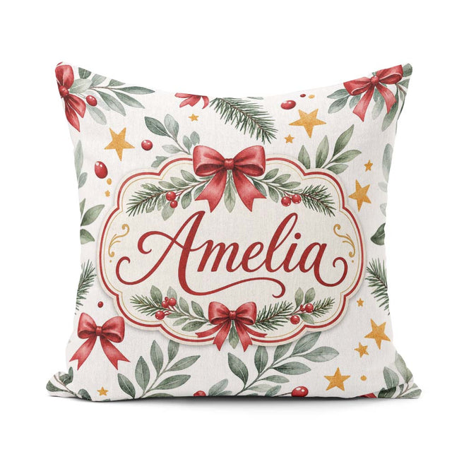 Custom Name Watercolor Red Gold Star Leaf Berry Holiday Seamless Square Filled Cushion Throw Pillow Sofa Bed Home Decor Zip Washable UK Made