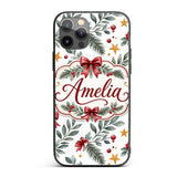 Watercolor Red Bow Gold Star Leaf Berry Holiday Custom Name Protective Phone Case Mobile Cover Durable Everyday Smartphone Shock Resistant