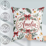 Custom Name Watercolor Red Gold Star Leaf Berry Holiday Seamless Square Filled Cushion Throw Pillow Sofa Bed Home Decor Zip Washable UK Made
