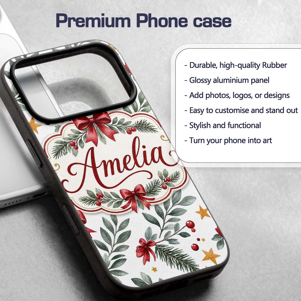 Watercolor Red Bow Gold Star Leaf Berry Holiday Custom Name Protective Phone Case Mobile Cover Durable Everyday Smartphone Shock Resistant