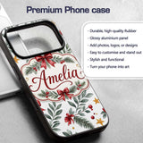 Watercolor Red Bow Gold Star Leaf Berry Holiday Custom Name Protective Phone Case Mobile Cover Durable Everyday Smartphone Shock Resistant