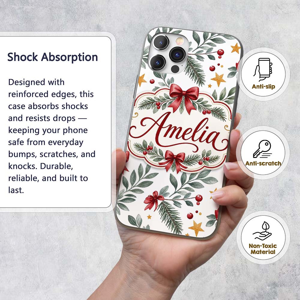 Watercolor Red Bow Gold Star Leaf Berry Holiday Custom Name Protective Phone Case Mobile Cover Durable Everyday Smartphone Shock Resistant