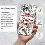 Watercolor Red Bow Gold Star Leaf Berry Holiday Custom Name Protective Phone Case Mobile Cover Durable Everyday Smartphone Shock Resistant