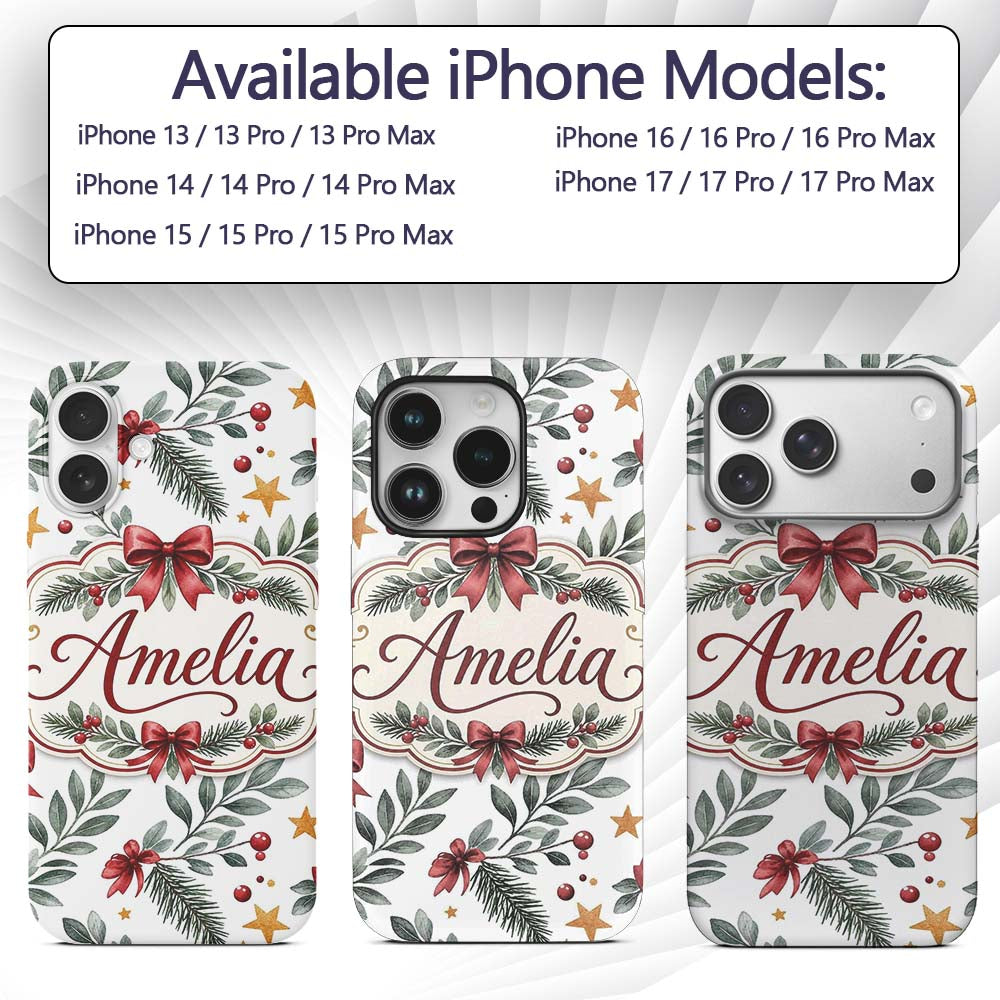 Watercolor Red Bow Gold Star Leaf Berry Holiday Custom Name Protective Phone Case Mobile Cover Durable Everyday Smartphone Shock Resistant