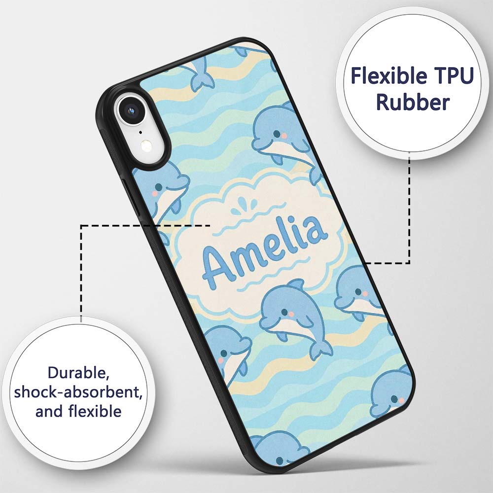 Cute Dolphin Waves Cartoon Animal Pattern Cute Custom Name Protective Phone Case Mobile Cover Durable Everyday Smartphone Shock Resistant