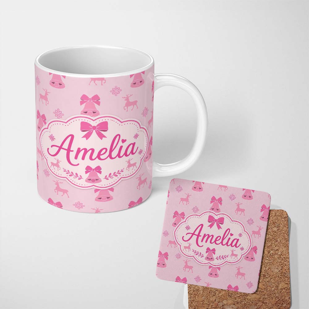 Personalized Custom Name Pink Bell Bow Reindeer Snowflake Christmas Seamless Pattern Lovely 11oz Ceramic Coffee Tea Mug White Large Handle