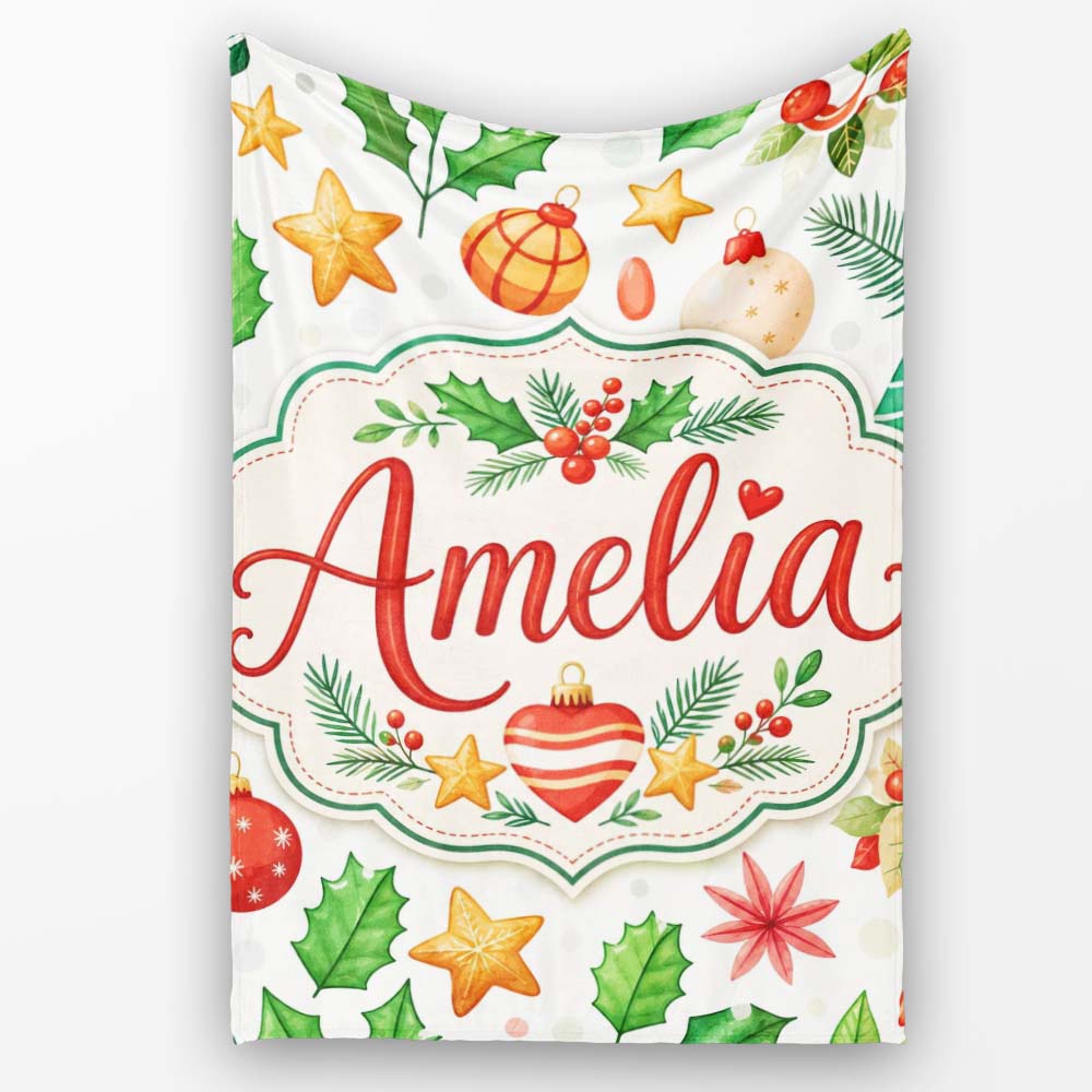 Festive Christmas Holly Star Ornament Heart Seamless Pattern Lovely  Personalised Custom Name Super Soft Fleece Blanket Bed Sofa Throw