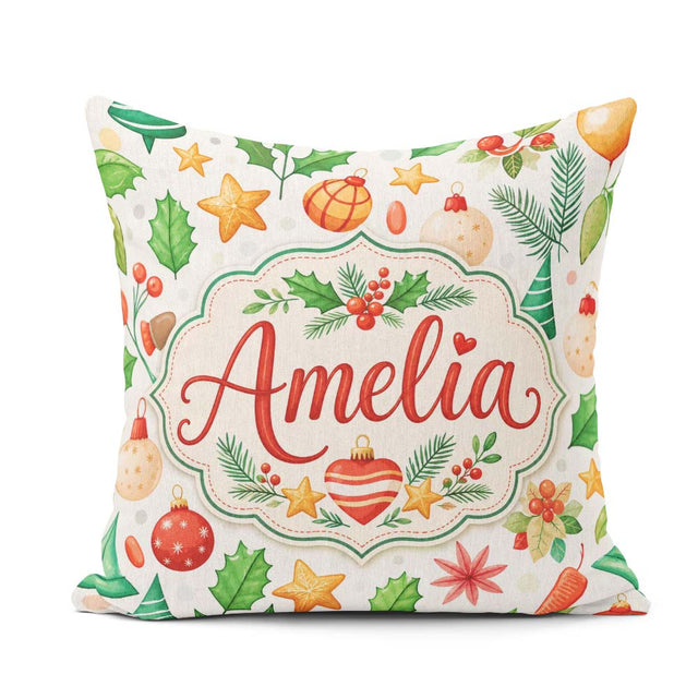 Custom Name Festive Christmas Holly Star Ornament Heart Seamless Square Filled Cushion Throw Pillow Sofa Bed Home Decor Zip Washable UK Made