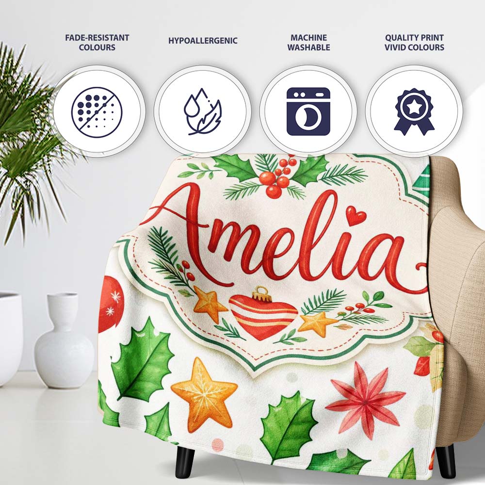 Festive Christmas Holly Star Ornament Heart Seamless Pattern Lovely  Personalised Custom Name Super Soft Fleece Blanket Bed Sofa Throw