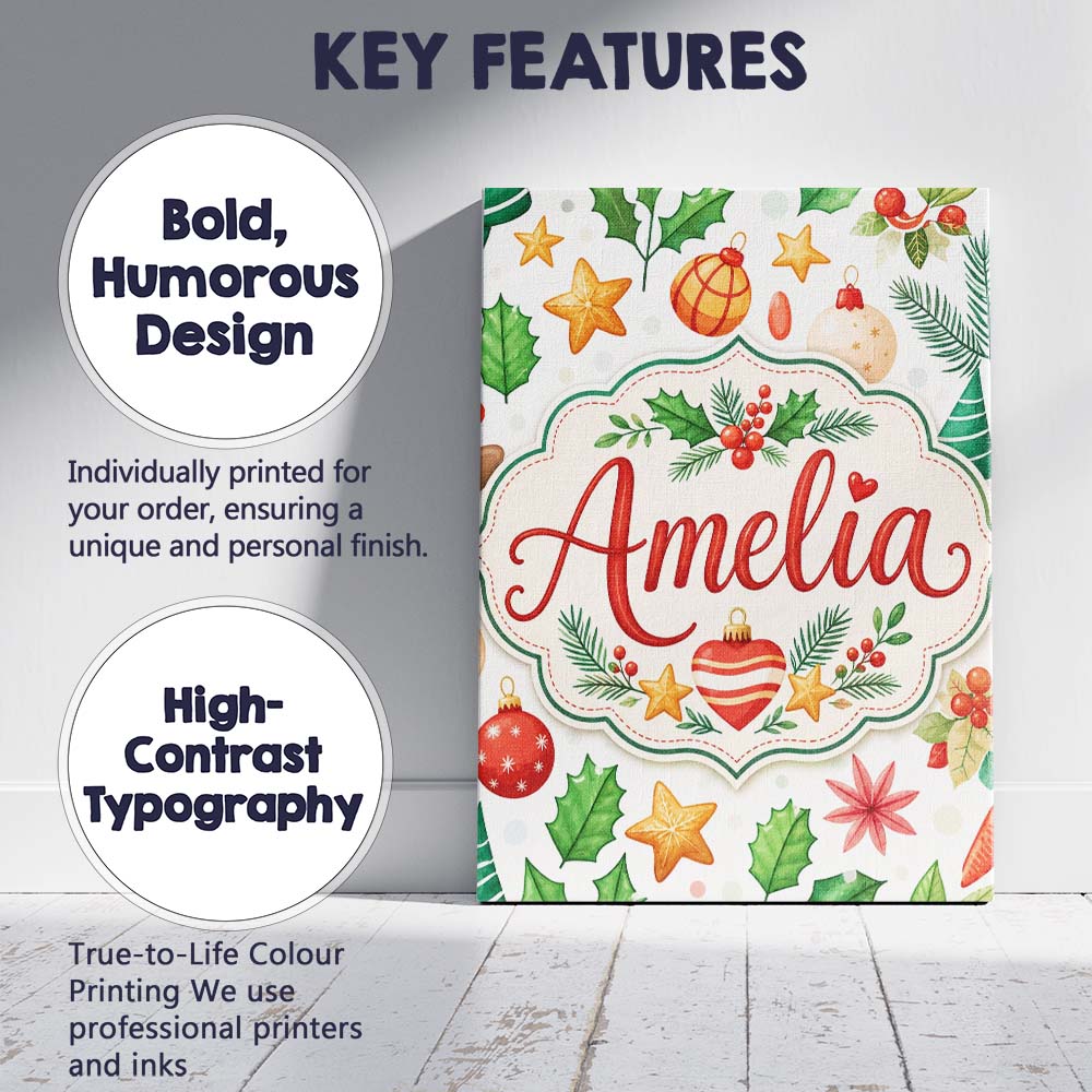 Personalised Name Festive Christmas Holly Custom  Unique Gift Idea Elegant Feature Canvas Wall Art Print Decor Picture Ready to Hang