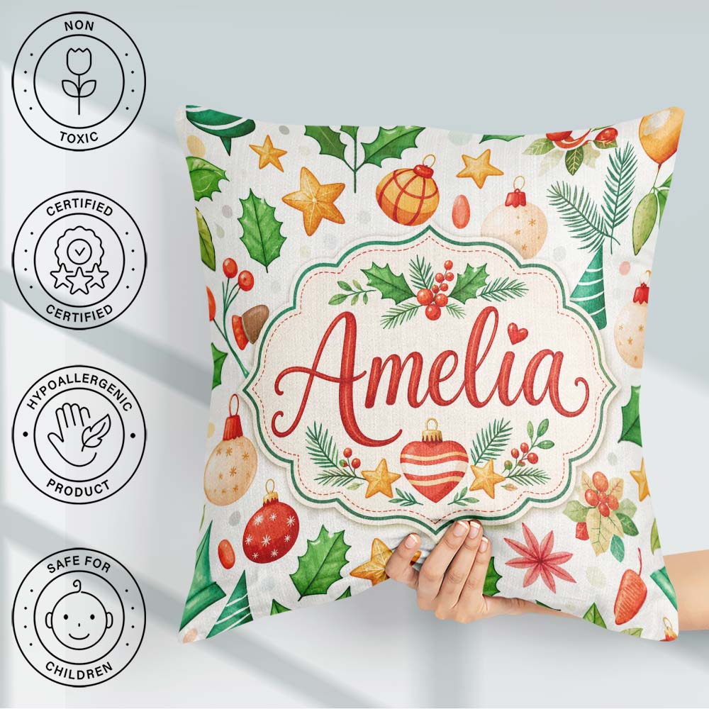 Custom Name Festive Christmas Holly Star Ornament Heart Seamless Square Filled Cushion Throw Pillow Sofa Bed Home Decor Zip Washable UK Made
