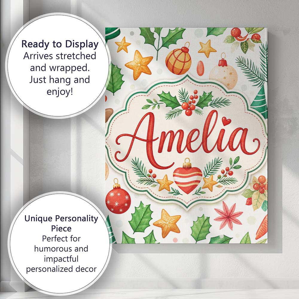 Personalised Name Festive Christmas Holly Custom  Unique Gift Idea Elegant Feature Canvas Wall Art Print Decor Picture Ready to Hang