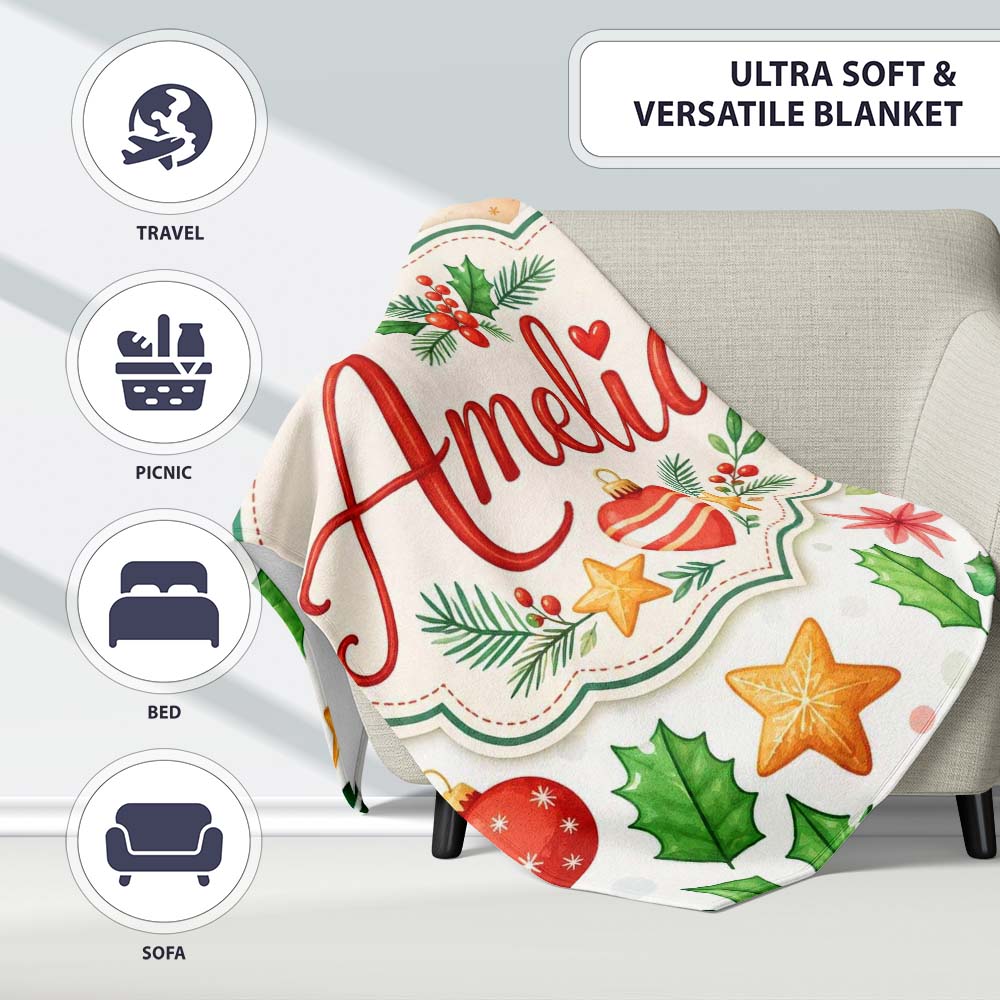 Festive Christmas Holly Star Ornament Heart Seamless Pattern Lovely  Personalised Custom Name Super Soft Fleece Blanket Bed Sofa Throw