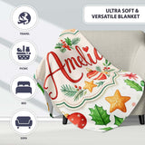 Festive Christmas Holly Star Ornament Heart Seamless Pattern Lovely  Personalised Custom Name Super Soft Fleece Blanket Bed Sofa Throw