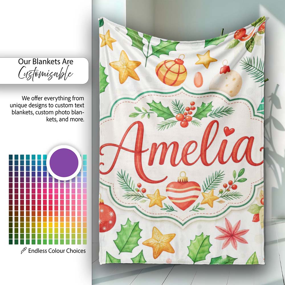 Festive Christmas Holly Star Ornament Heart Seamless Pattern Lovely  Personalised Custom Name Super Soft Fleece Blanket Bed Sofa Throw