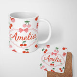 Personalized Custom Name Cute Cherry Fruit with Bow and Sprinkles Seamless Pattern Light Grey 11oz Ceramic Coffee Tea Mug White Large Handle
