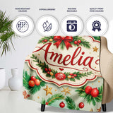 Watercolor Christmas Wreath Ornament Holly Berry Seamless Pattern  Personalised Custom Name Super Soft Fleece Blanket Bed Sofa Throw